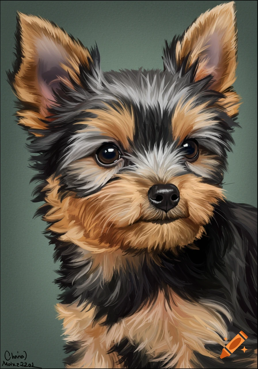 Close-up digital painting of a Yorkshire Terrier puppy looking forward.