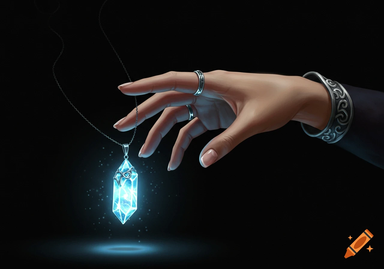 Hand reaching for a glowing blue crystal pendant.