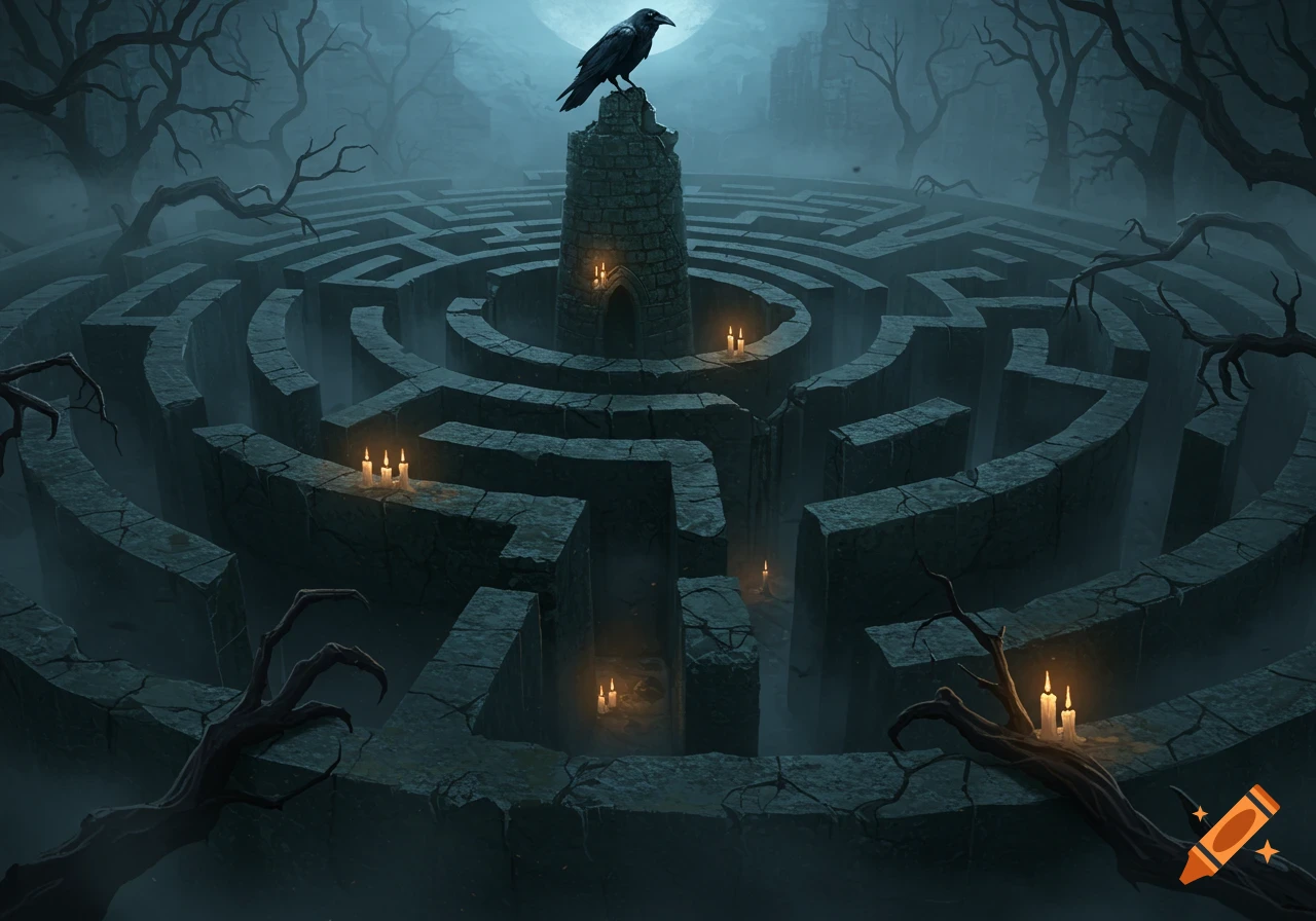 A dark, spooky maze with a central tower, raven, candles, and twisted trees.