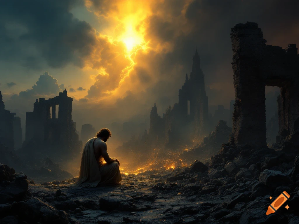 Man kneels in ruins under dramatic sky with figure in light
