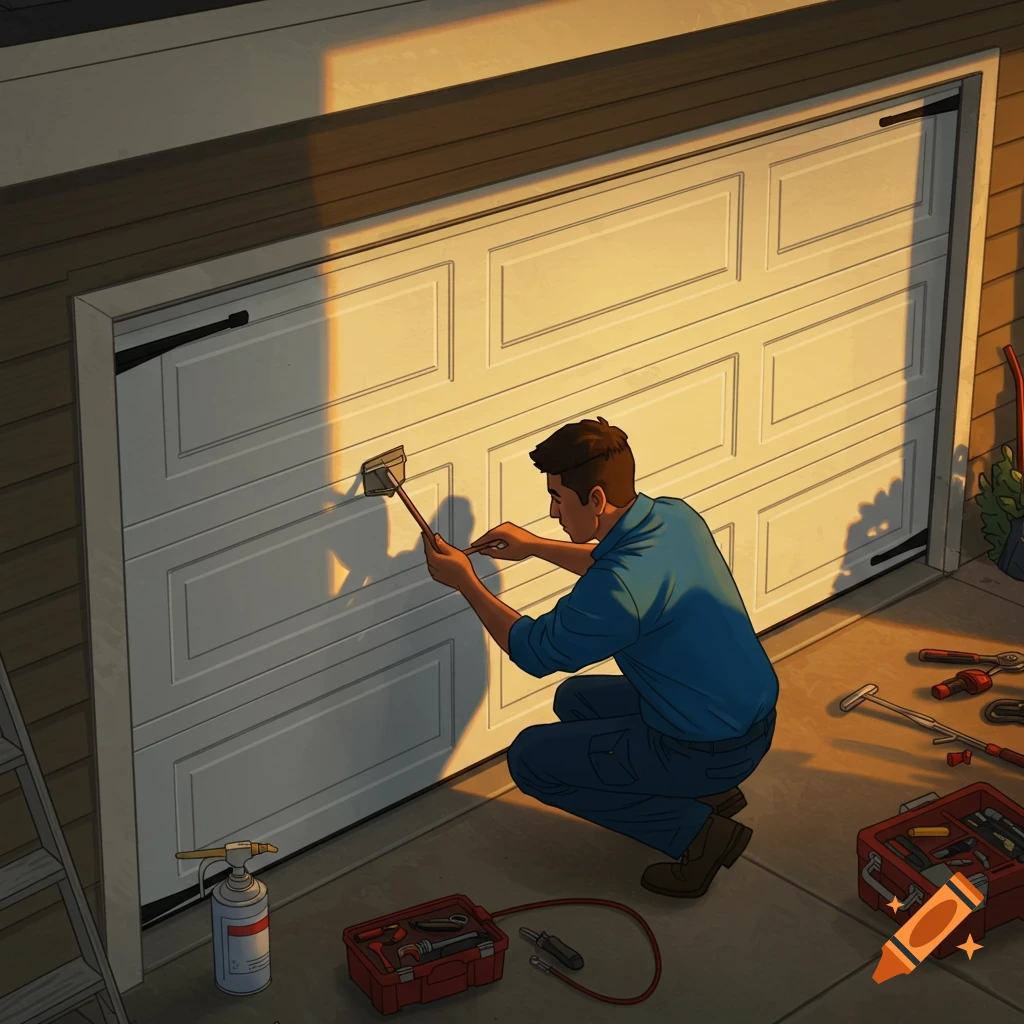 A man works on repairing a white garage door using tools.