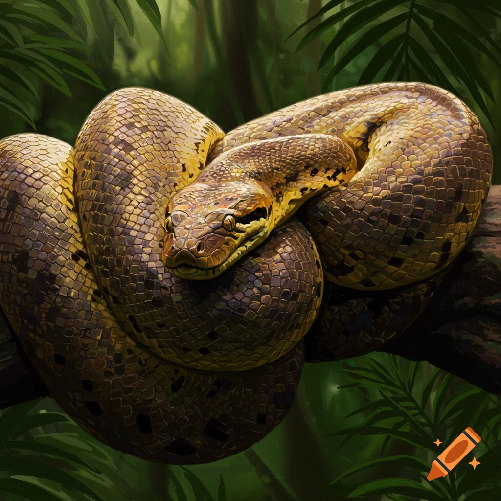 Close-up of a large patterned snake coiled on a branch in a jungle, digital illustration style