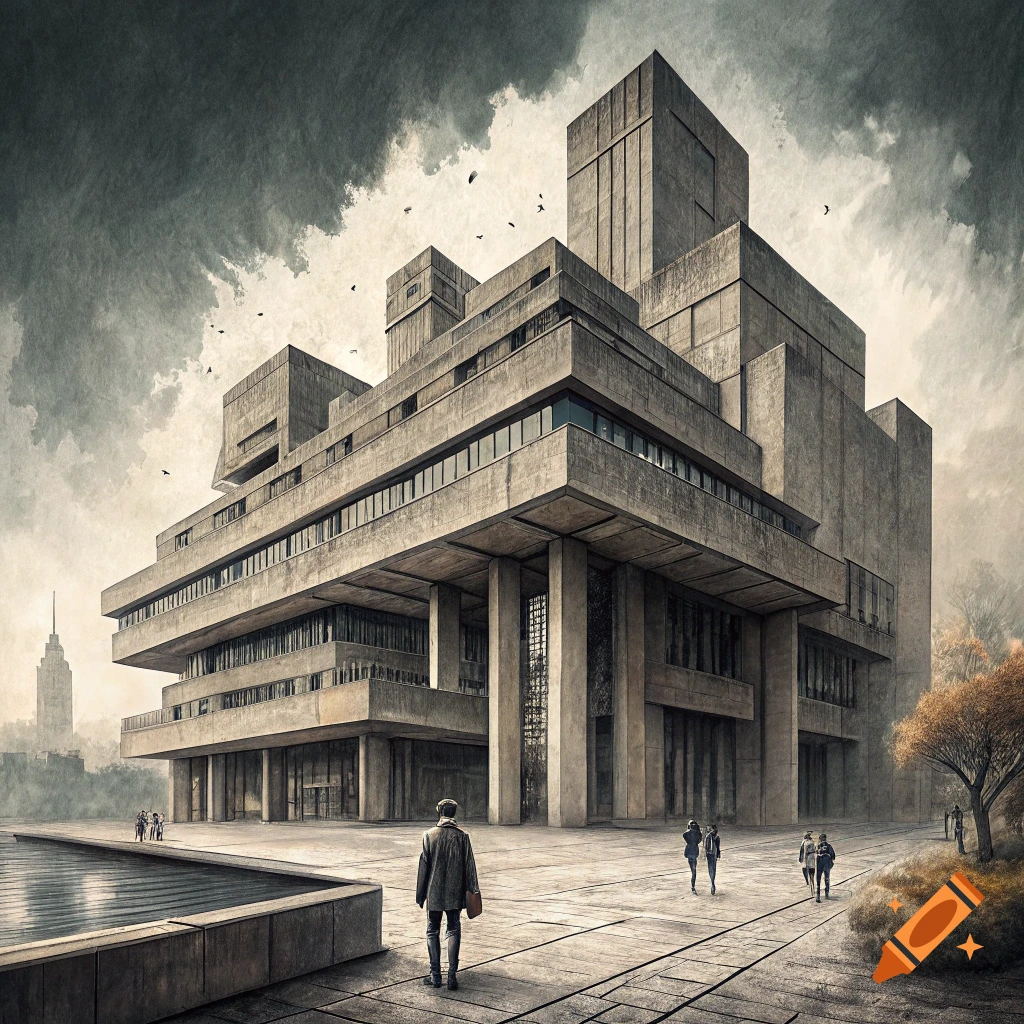 Brutalist concrete building with geometric layers under a stormy sky, people walk nearby in an urban park.