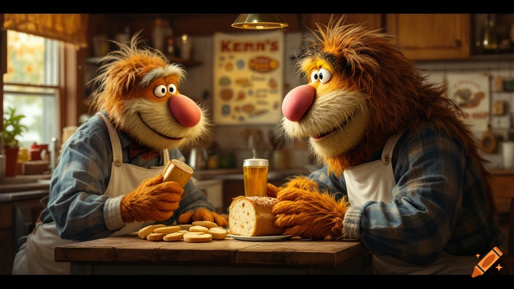 Two fuzzy puppet-like creatures eating bread and cookies in a kitchen.