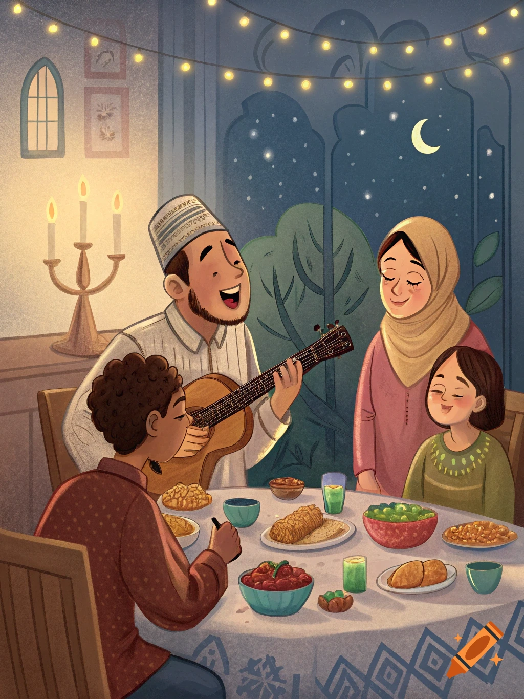 Illustration of a family gathered around a table at night, a man playing guitar while others listen and eat, with lights and a crescent moon visible.