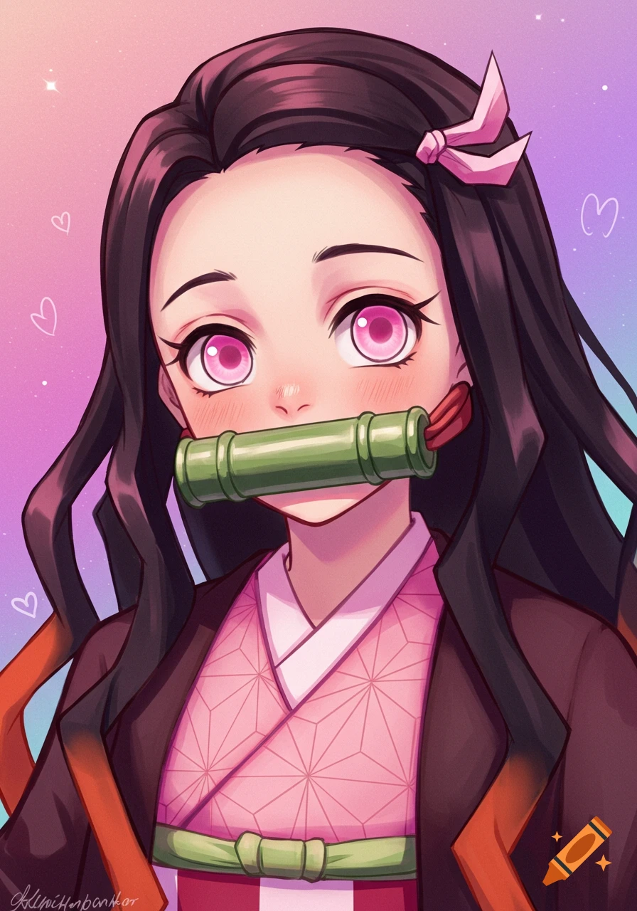 Close-up anime portrait of Nezuko Kamado from Demon Slayer wearing her bamboo muzzle and kimono