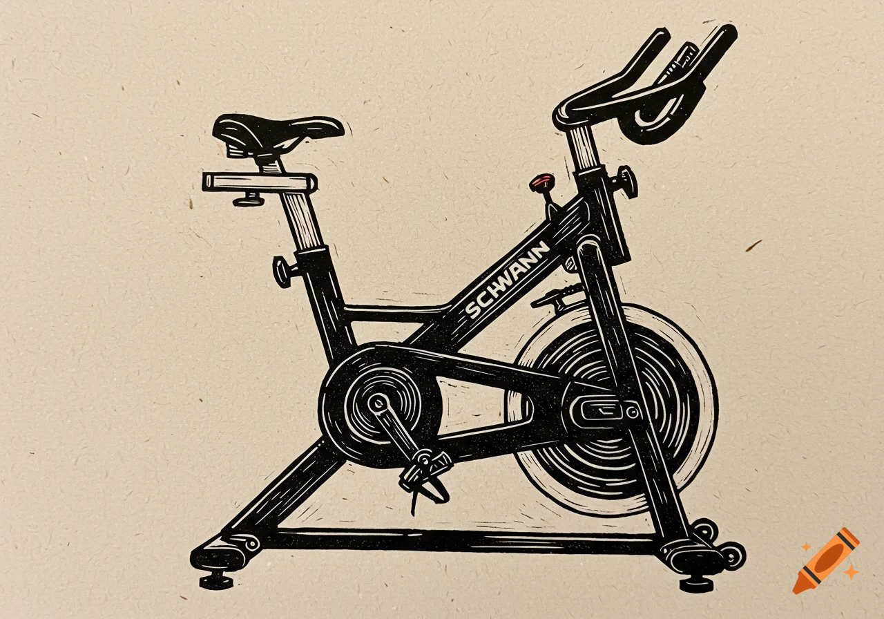 A black spin bike rendered in a linocut art style on a textured background.