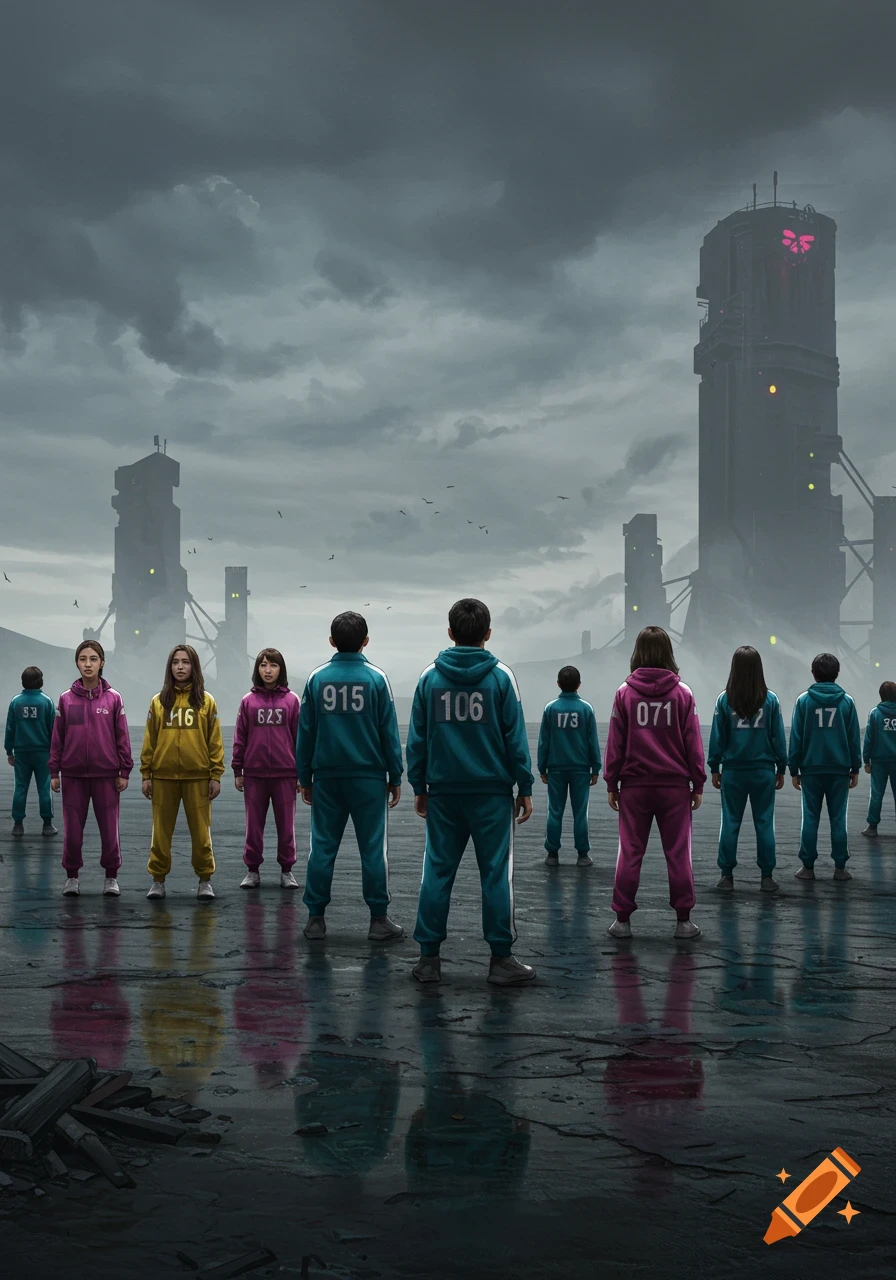 People in numbered tracksuits face futuristic city under stormy sky