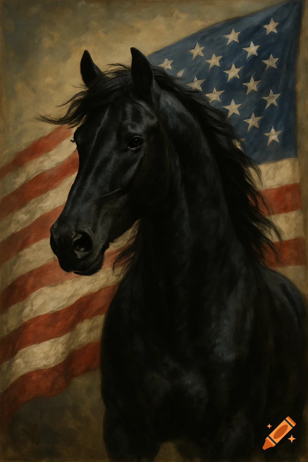 A black horse stands in front of a painterly American flag.