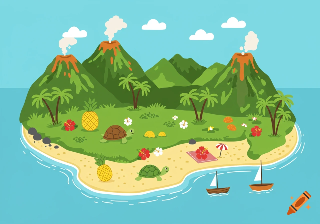 A cute cartoon illustration of a tropical island with volcanoes, palm trees, turtles, pineapples, flowers, and boats on the water.