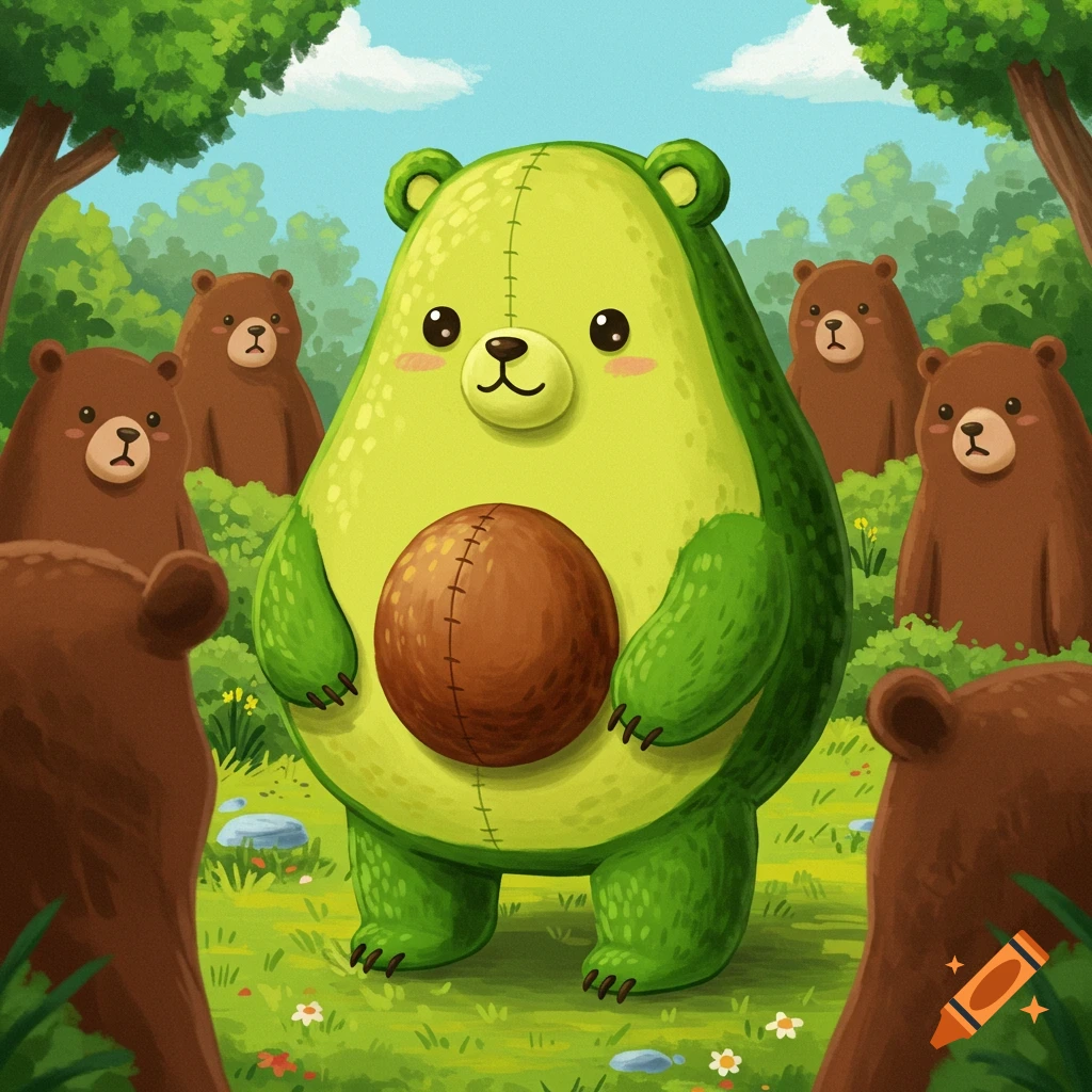 Avocado-shaped bear holds a pit, surrounded by bears in a forest illustration.