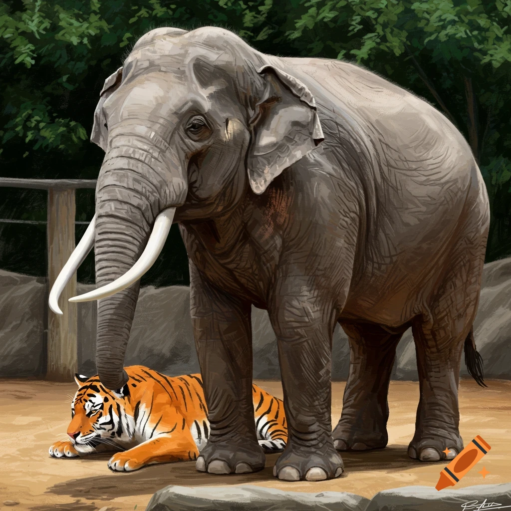 An elephant stands next to a tiger lying on the ground in a painted style.