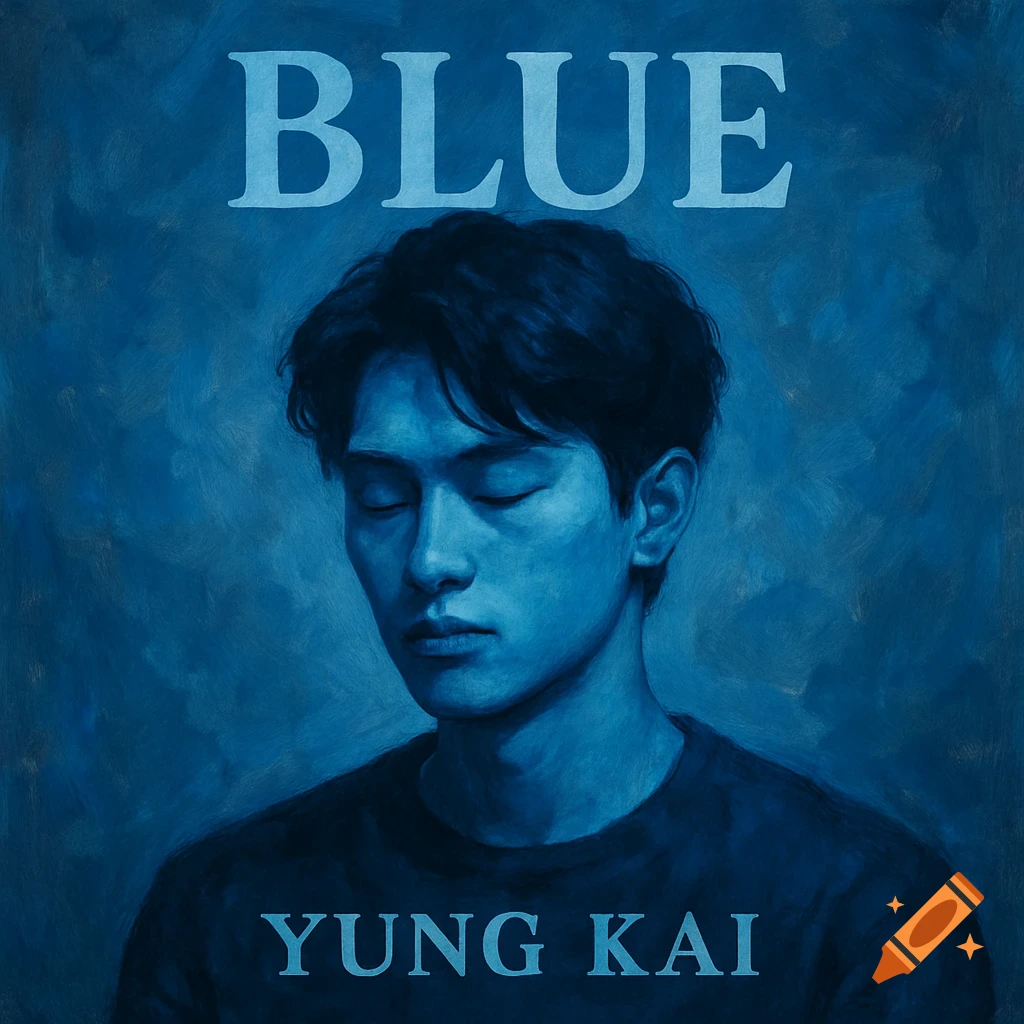 Painting of a man in blue with closed eyes and text 'BLUE' and 'YUNG KAI' like an album cover.