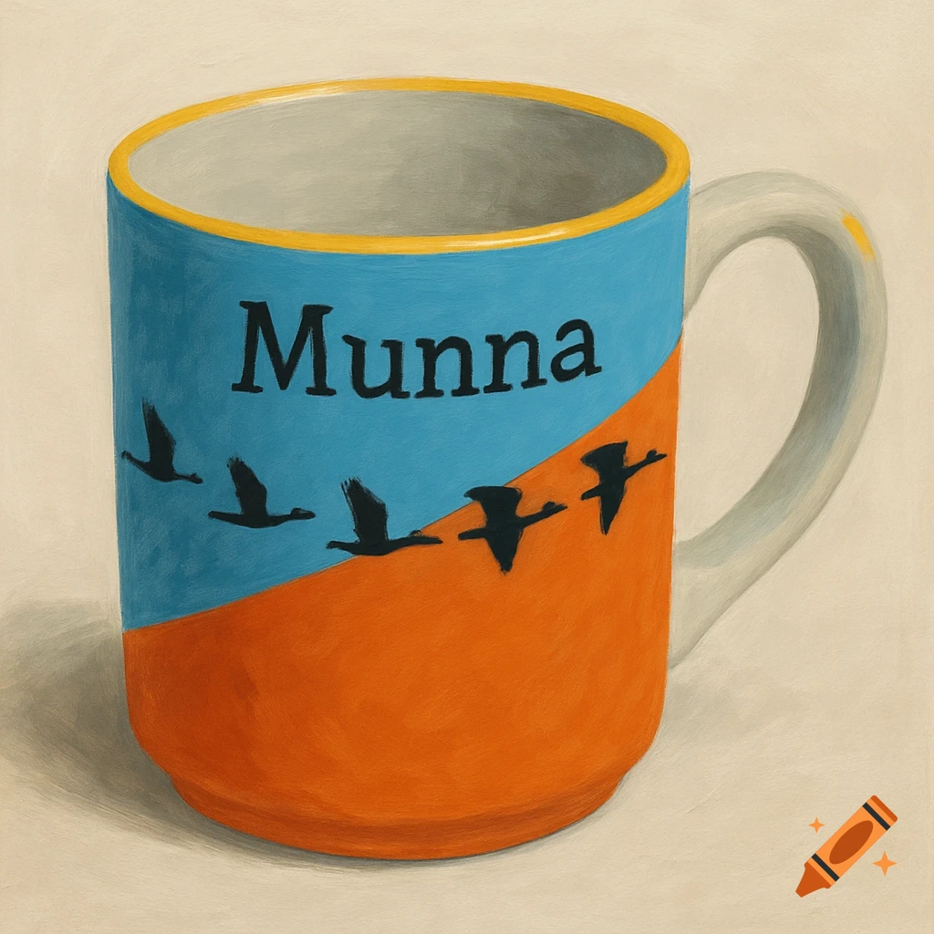 A mug with a diagonal design of bright blue and orange, featuring black flying geese, and the word Munna.