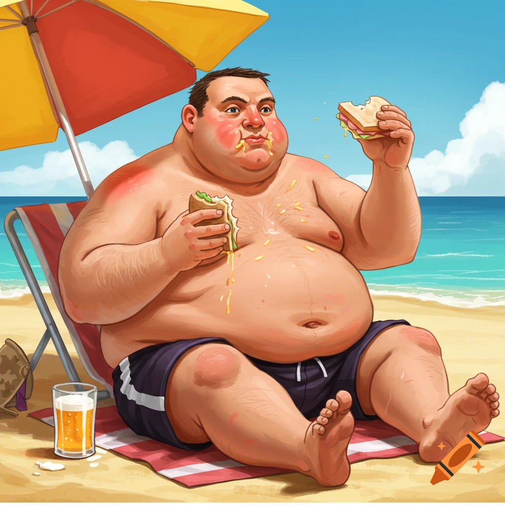 A fat, sunburnt man sits on a beach chair under an umbrella, eating a messy sandwich and spilling liquid from a glass of beer in a cartoon style.