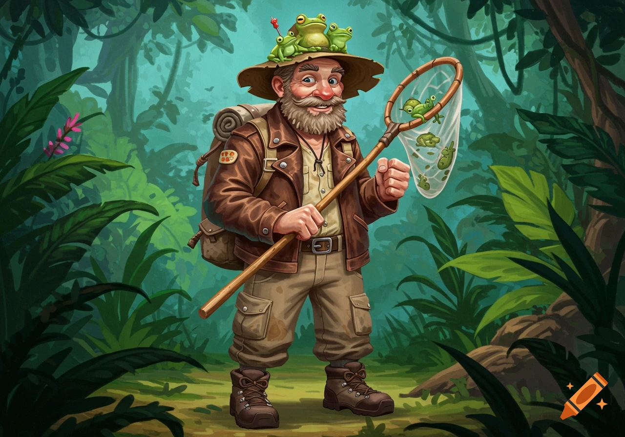 Illustration of an adventurer with frogs on his hat, holding a net of frogs, in a jungle.