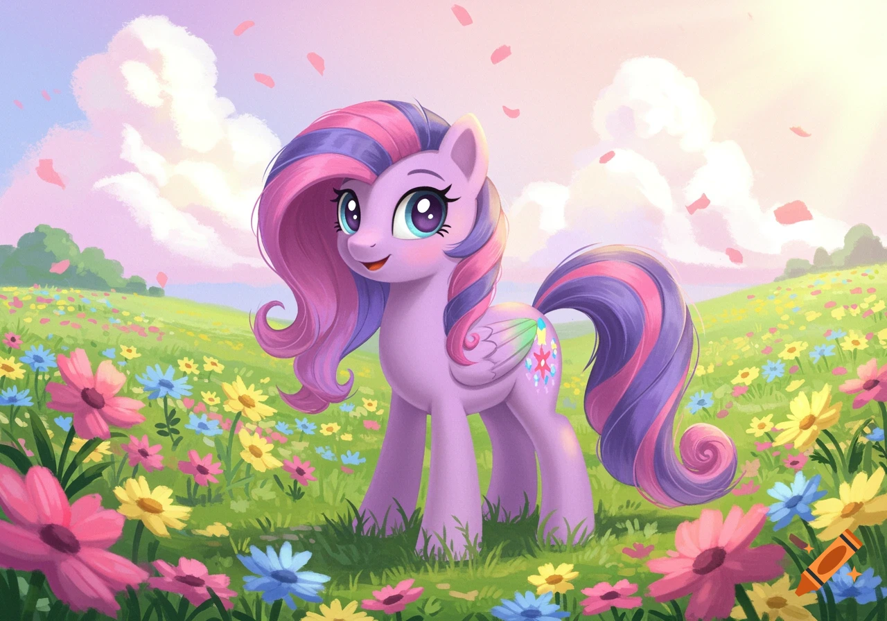 A stylized purple pony with a pink and purple mane stands in a vibrant field of colorful flowers under a pastel sky.