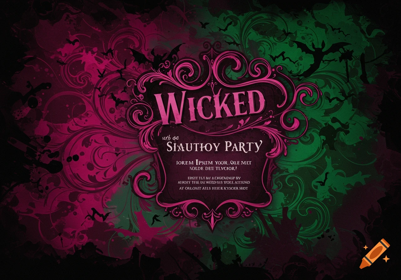 Gothic party invite with pink and green background, swirling patterns, bats, and ornate frame text that reads 'WICKED'.