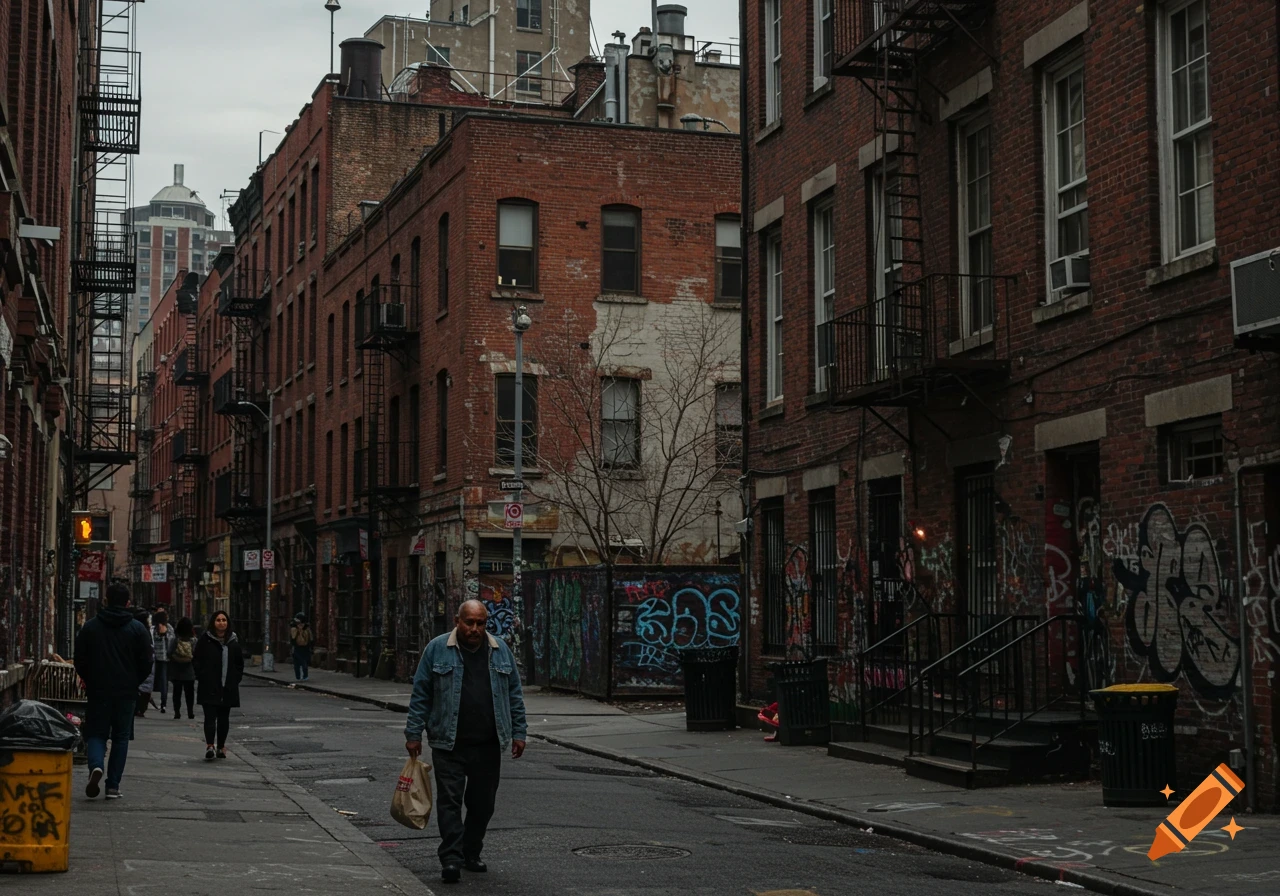 A gloomy street scene in a city neighborhood with brick buildings, fire escapes, graffiti, and pedestrians.