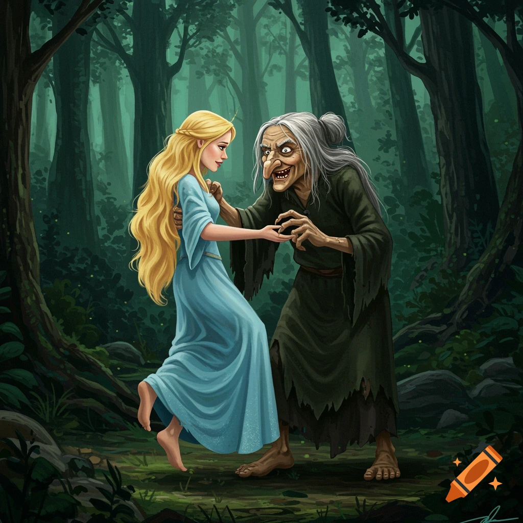 Illustration of a princess in a blue dress being led by a creepy witch in a dark forest.