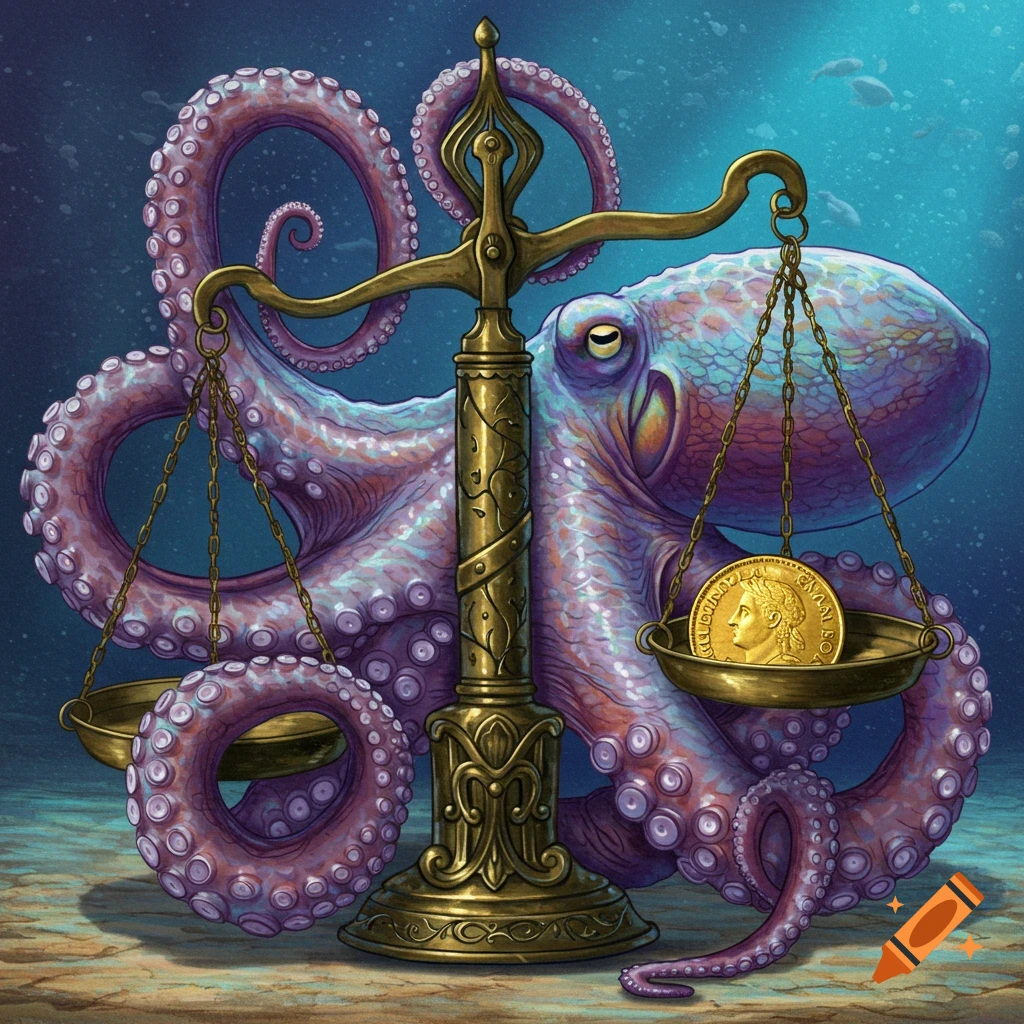 Detailed illustration of a purple octopus wrapped around gold scales underwater, with a gold coin on one pan.