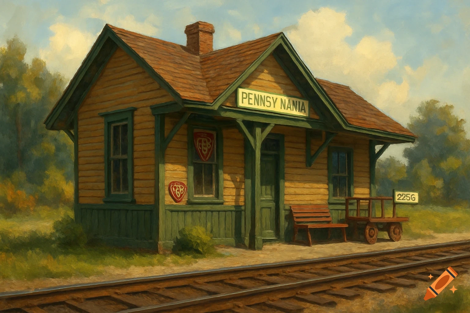 A painted image of a small wooden train station next to railway tracks.