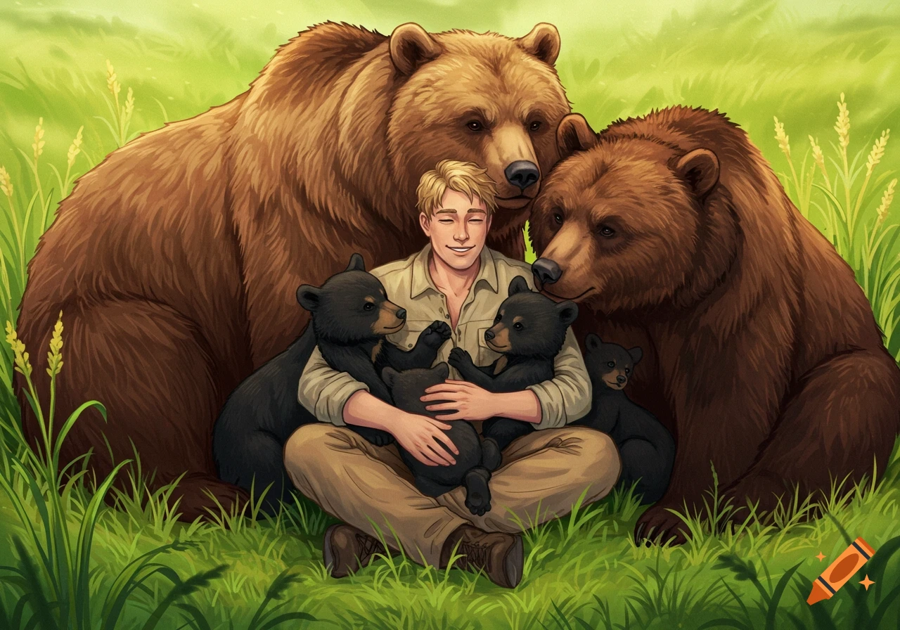 Stylized illustration of a person sitting in tall grass, hugging two bear cubs while two large bears are close by.