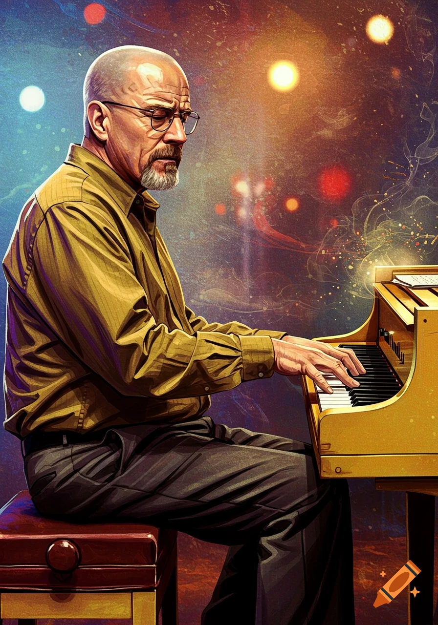 Illustrative portrait of a man resembling Mike Ehrmantraut playing a piano with bokeh lights.