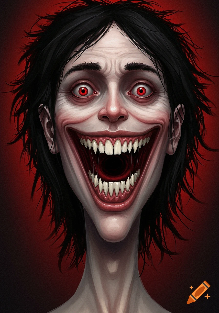 A creepy face with a wide grin, sharp teeth, red eyes, and messy black hair.