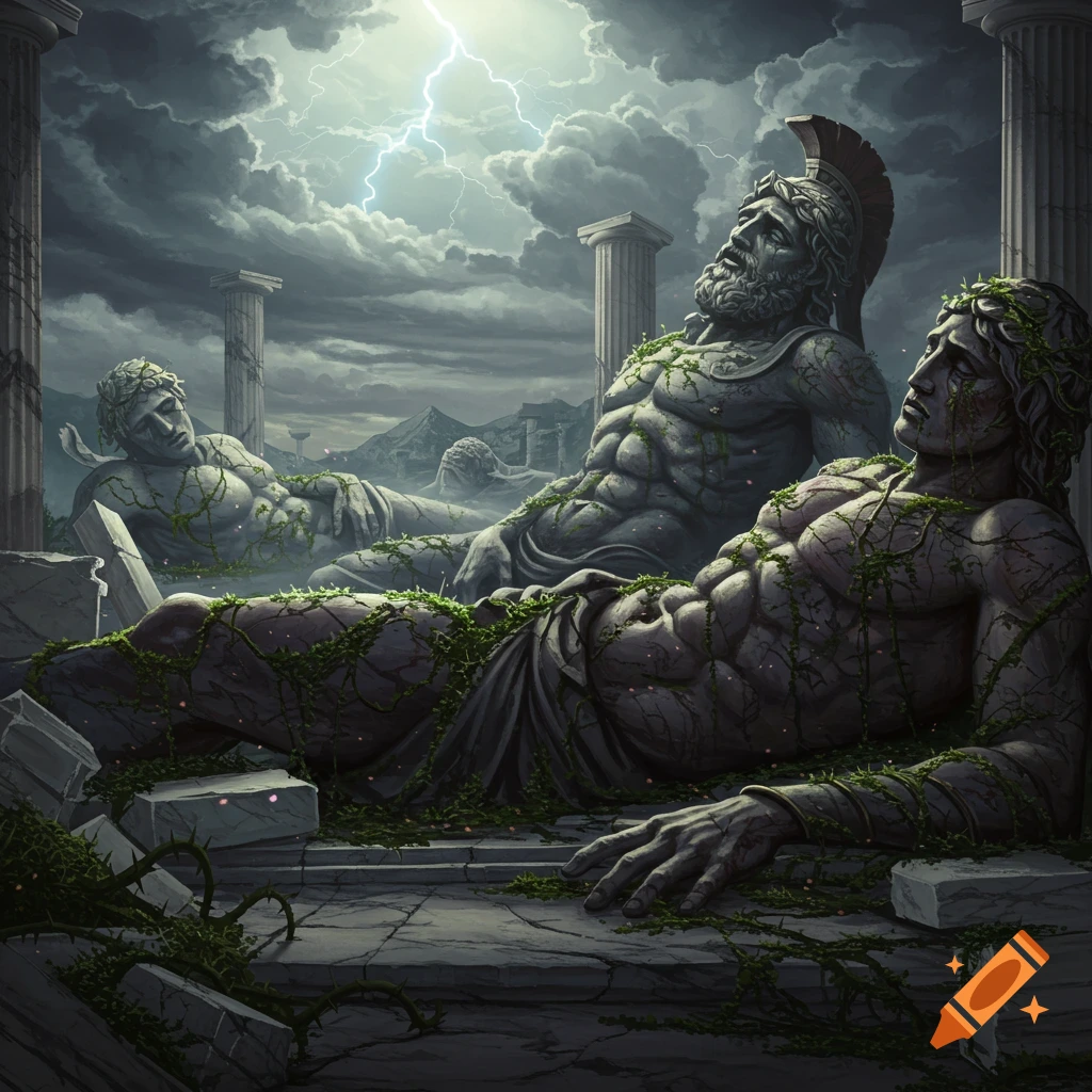 Large stone statues of fallen figures lie in ruins under a stormy sky with lightning.