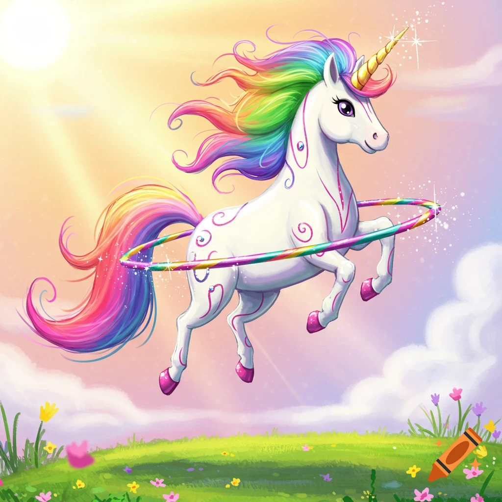 A white unicorn with a rainbow mane leaps with a rainbow hula hoop around its body in a sunny field.