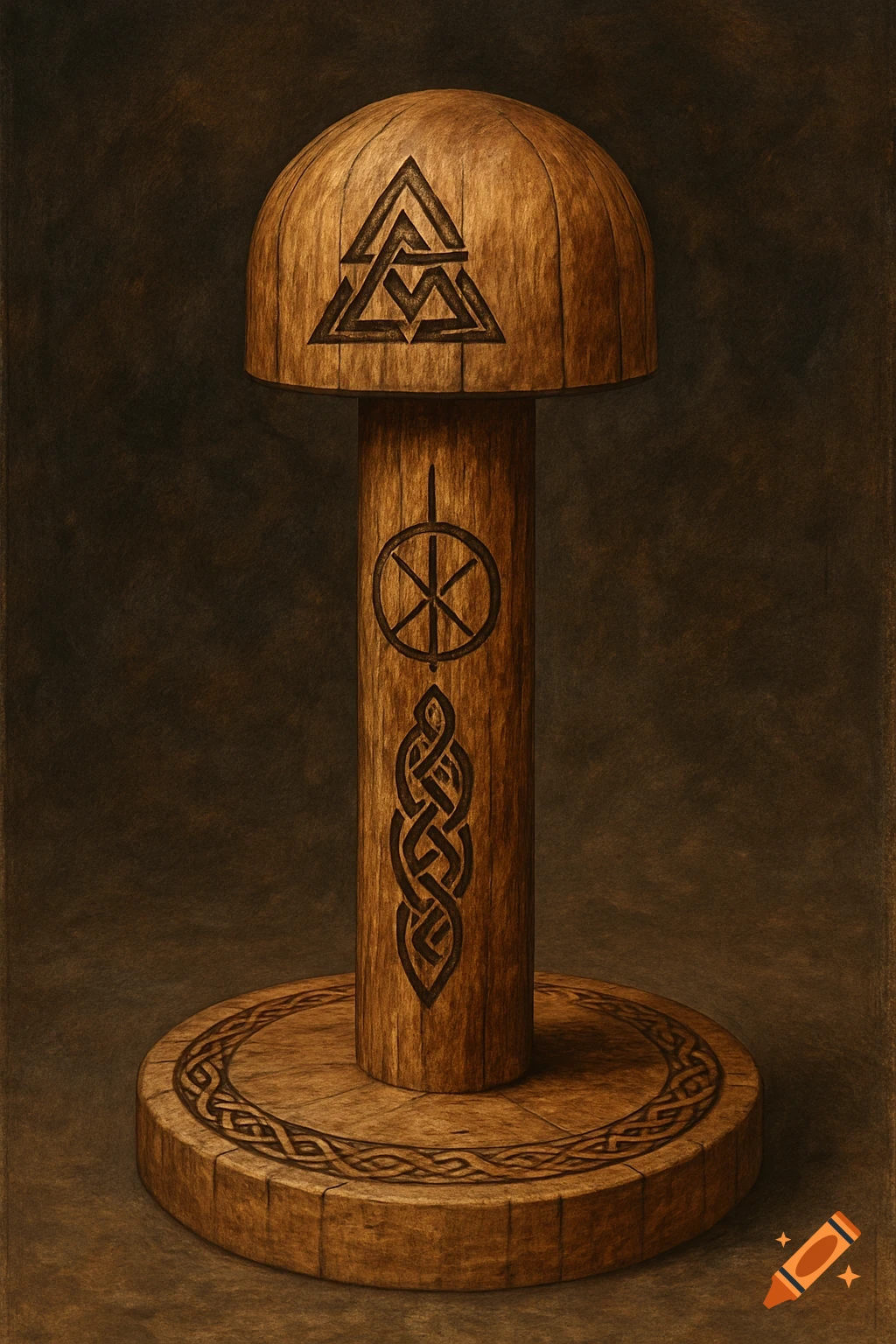 A wooden pedestal or stand carved with Nordic and fantasy symbols.