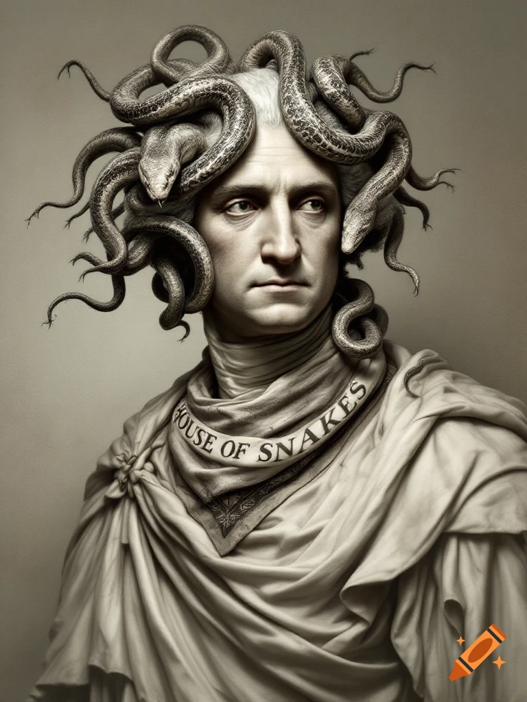 A bust resembling George Washington with snakes for hair like Medusa, wearing a bandanna that says 'House of Snakes', in the style of a Roman statue.