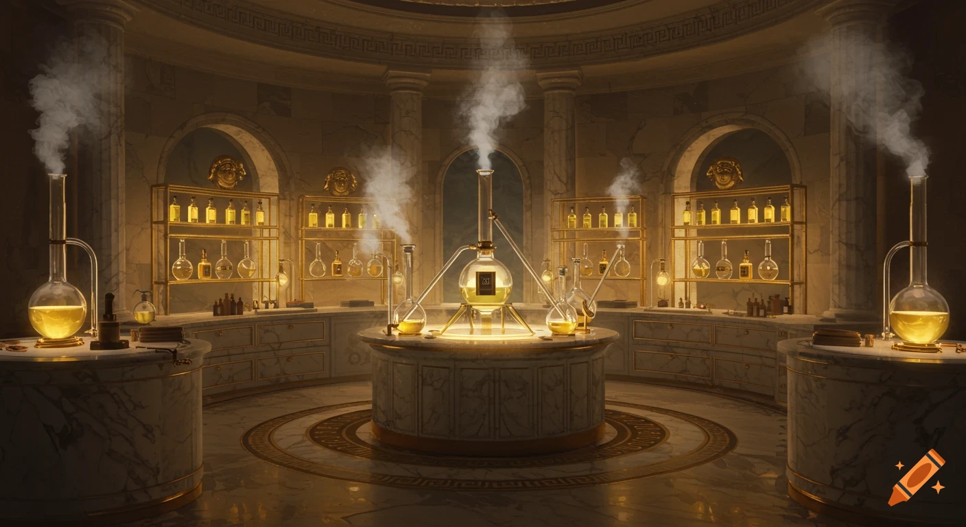 Luxurious alchemical laboratory interior with steaming glass flasks, golden accents, and marble counters in an ancient style.