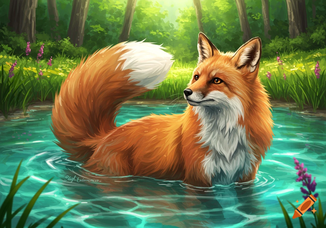 An illustrated red fox stands in clear blue water in a sunlit forest ...