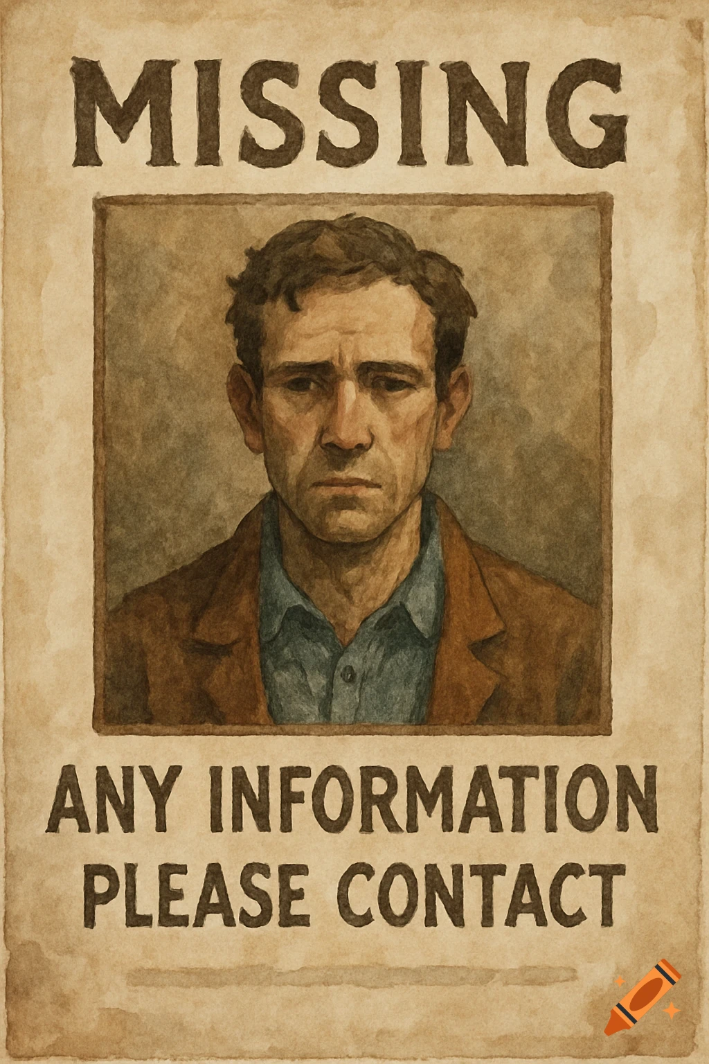 Missing person poster with a portrait of a man in watercolor style.