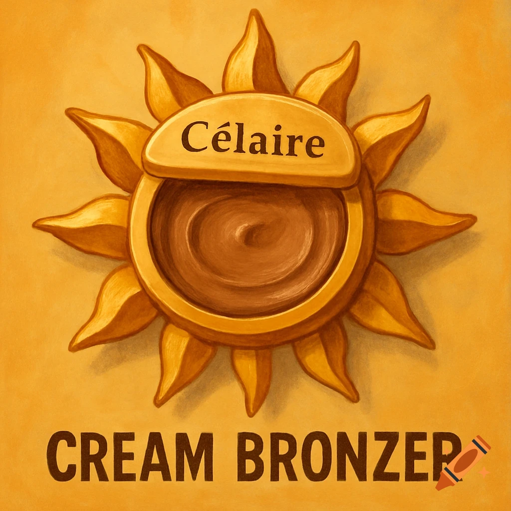 Illustration of cream bronzer in a sun-shaped container labeled Célaire Cream Bronzer.
