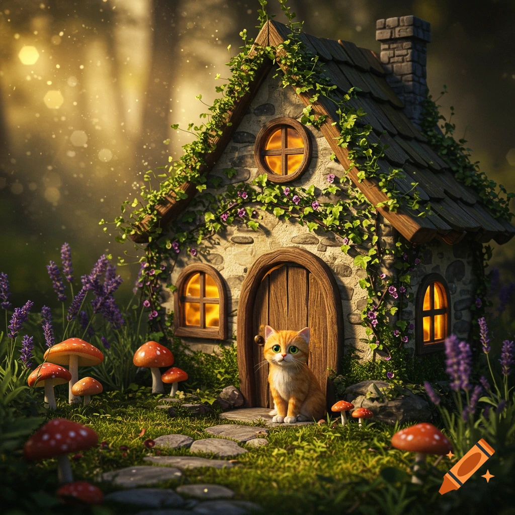 A small orange cat sits on a stone path in front of a cozy, vine-covered fairy cottage with mushrooms and flowers.