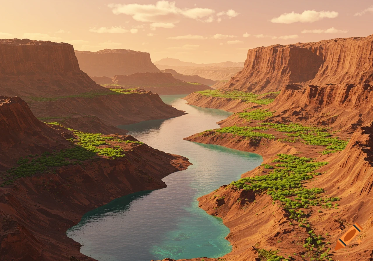 A river winds through a red rock canyon with green vegetation under a warm sky.