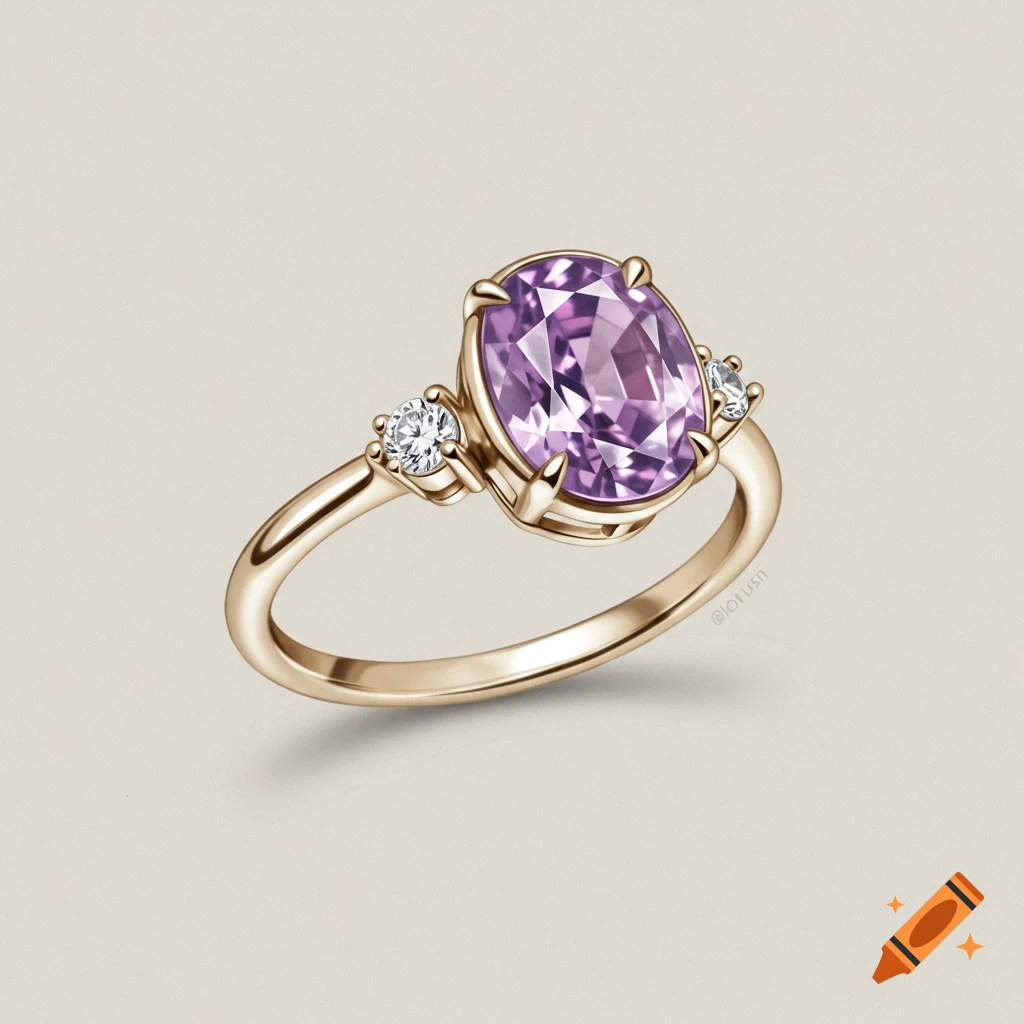 A close-up of a gold ring with an oval purple gemstone and two small diamonds.