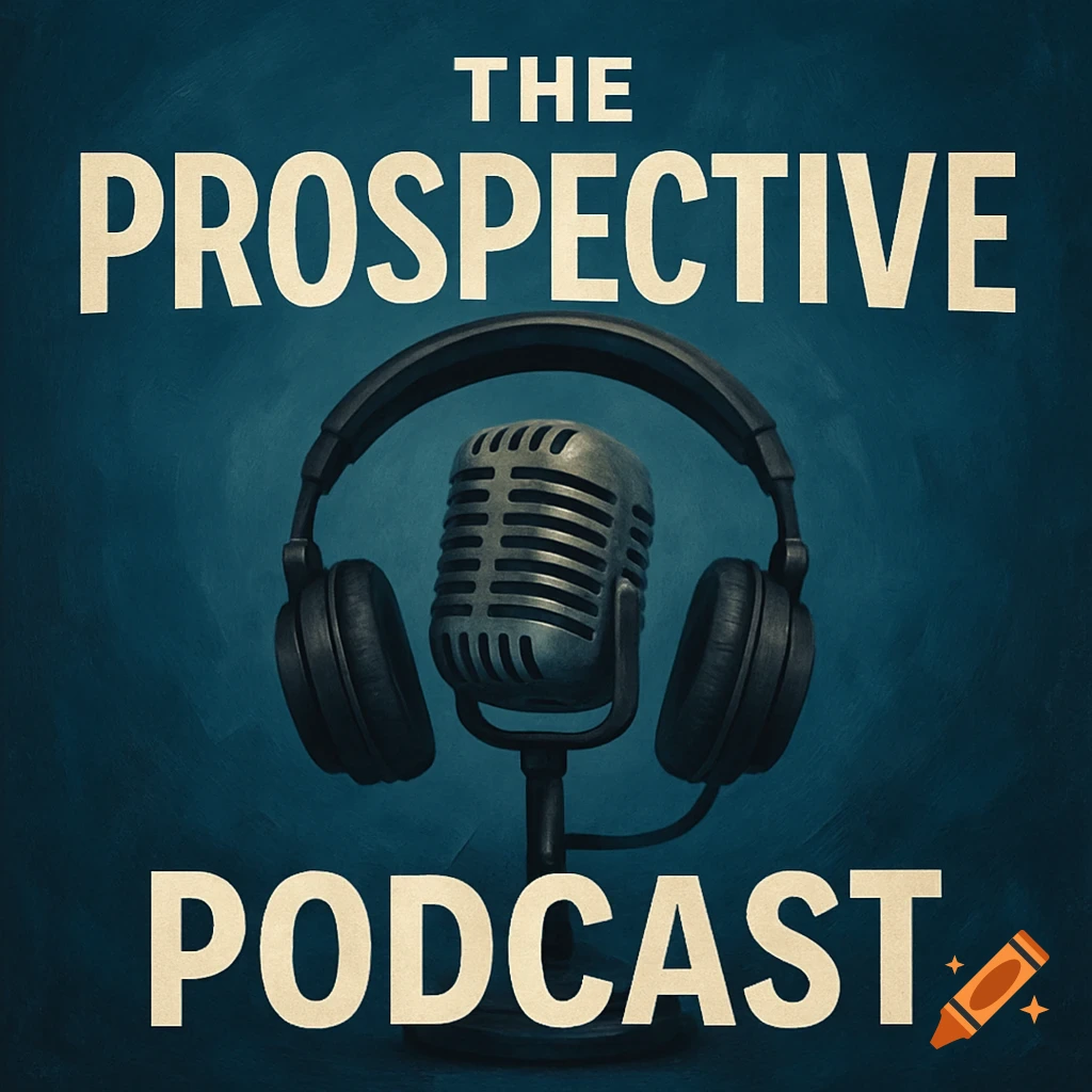 A vintage microphone with headphones on a stand against a dark background. Text reads "THE PROSPECTIVE PODCAST".