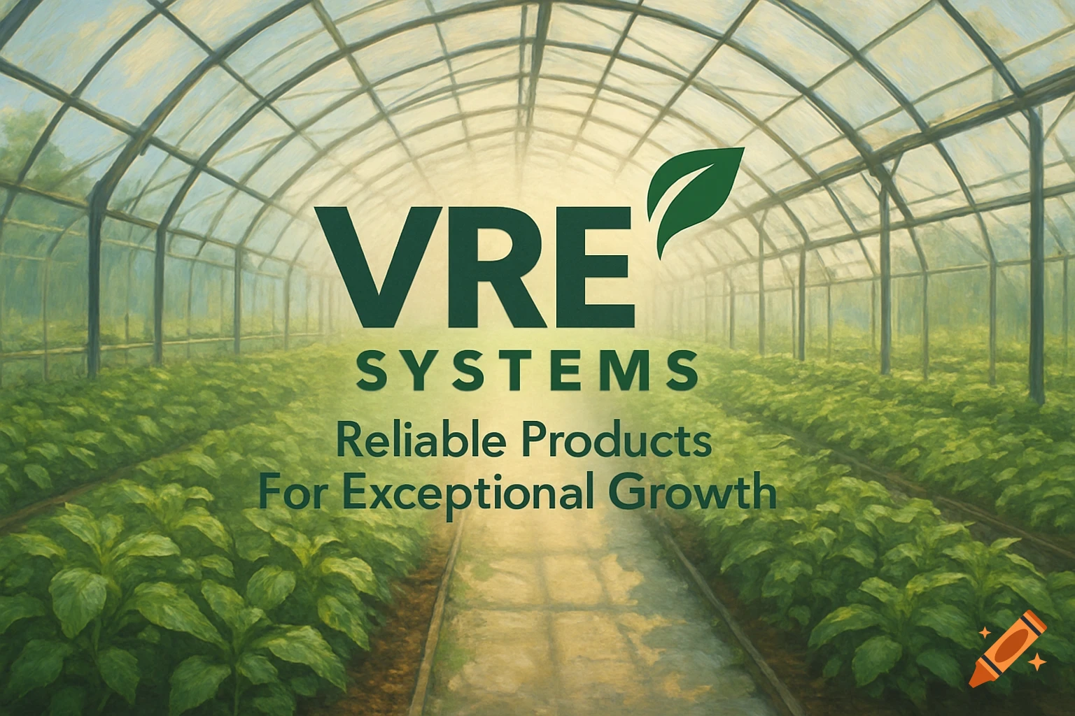 Greenhouse interior with rows of plants and text overlay: VRE SYSTEMS, Reliable Products For Exceptional Growth