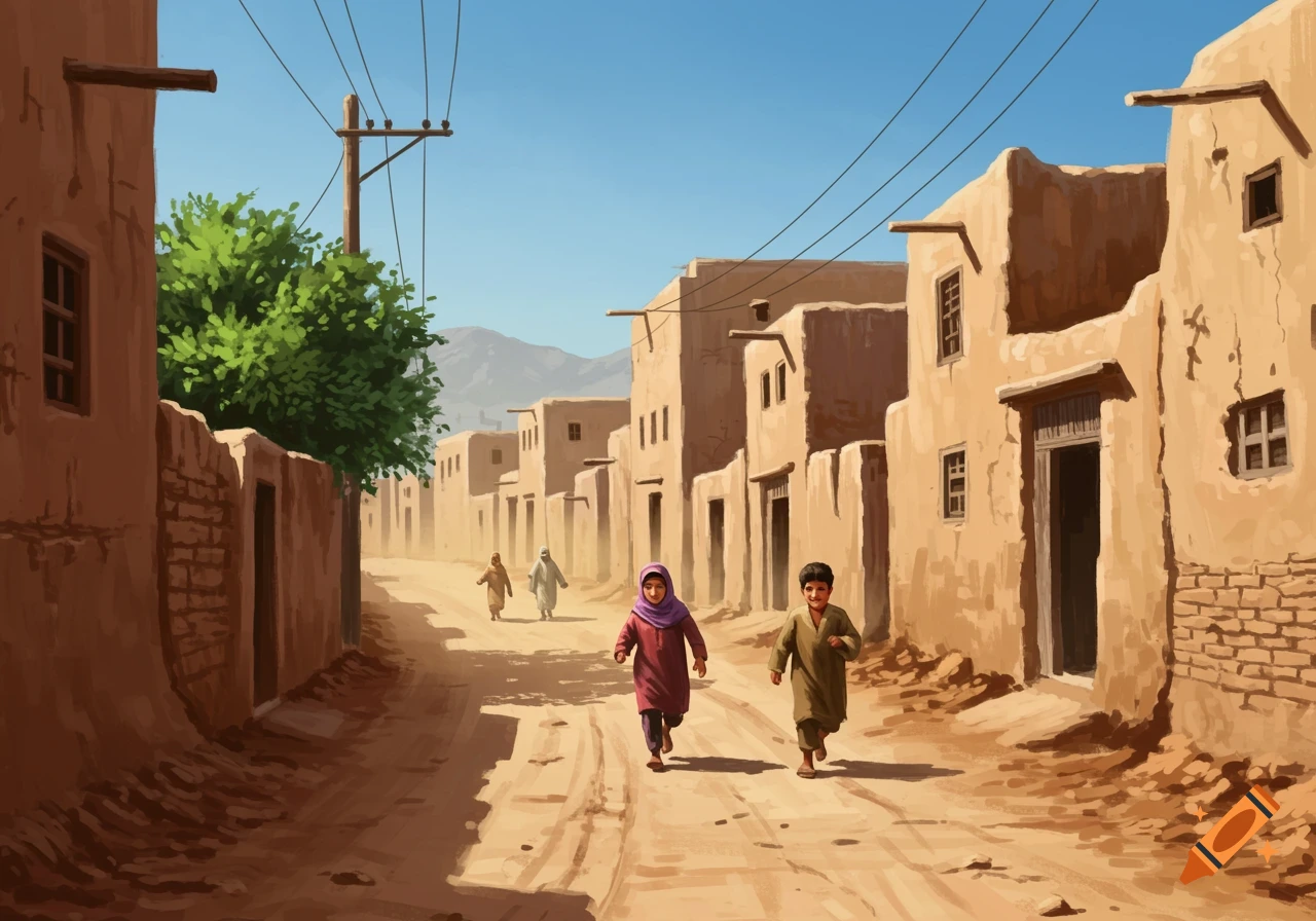 Two children run on a dusty village street past mud-brick houses. Digital painting.