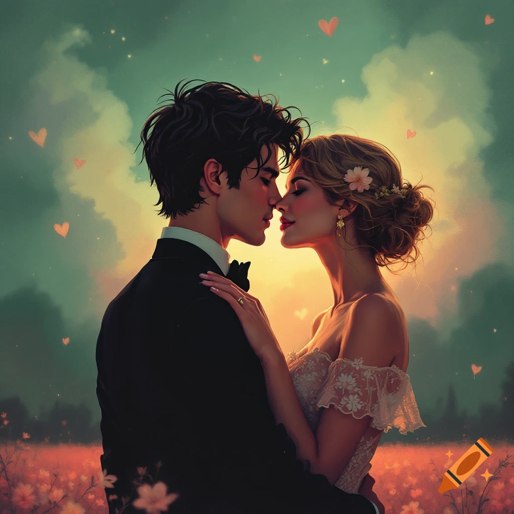 Romantic couple embraces in a field under a twilight sky with hearts and flowers, digital painting style.