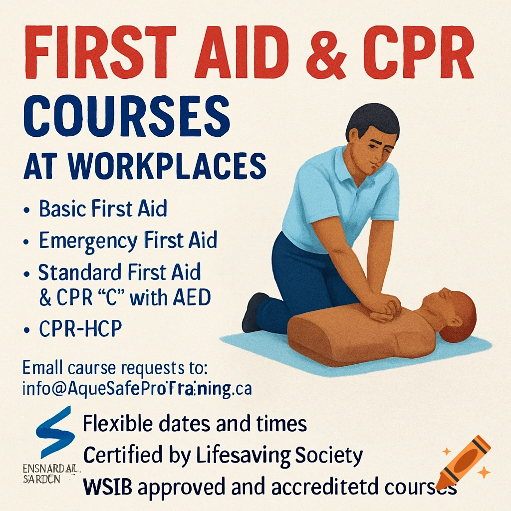 Illustration of a person performing CPR on a mannequin advertising first aid and CPR courses.