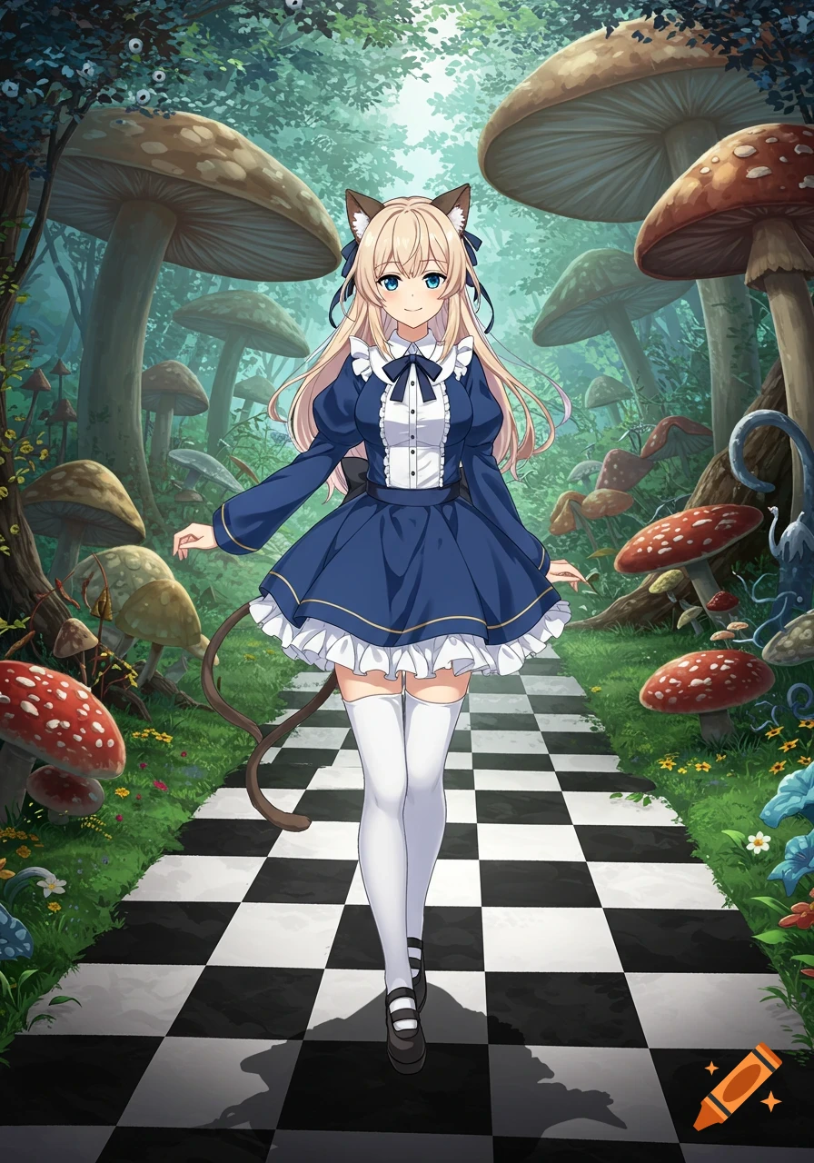 Anime cat girl in blue dress walks on checkered path in fantasy mushroom forest