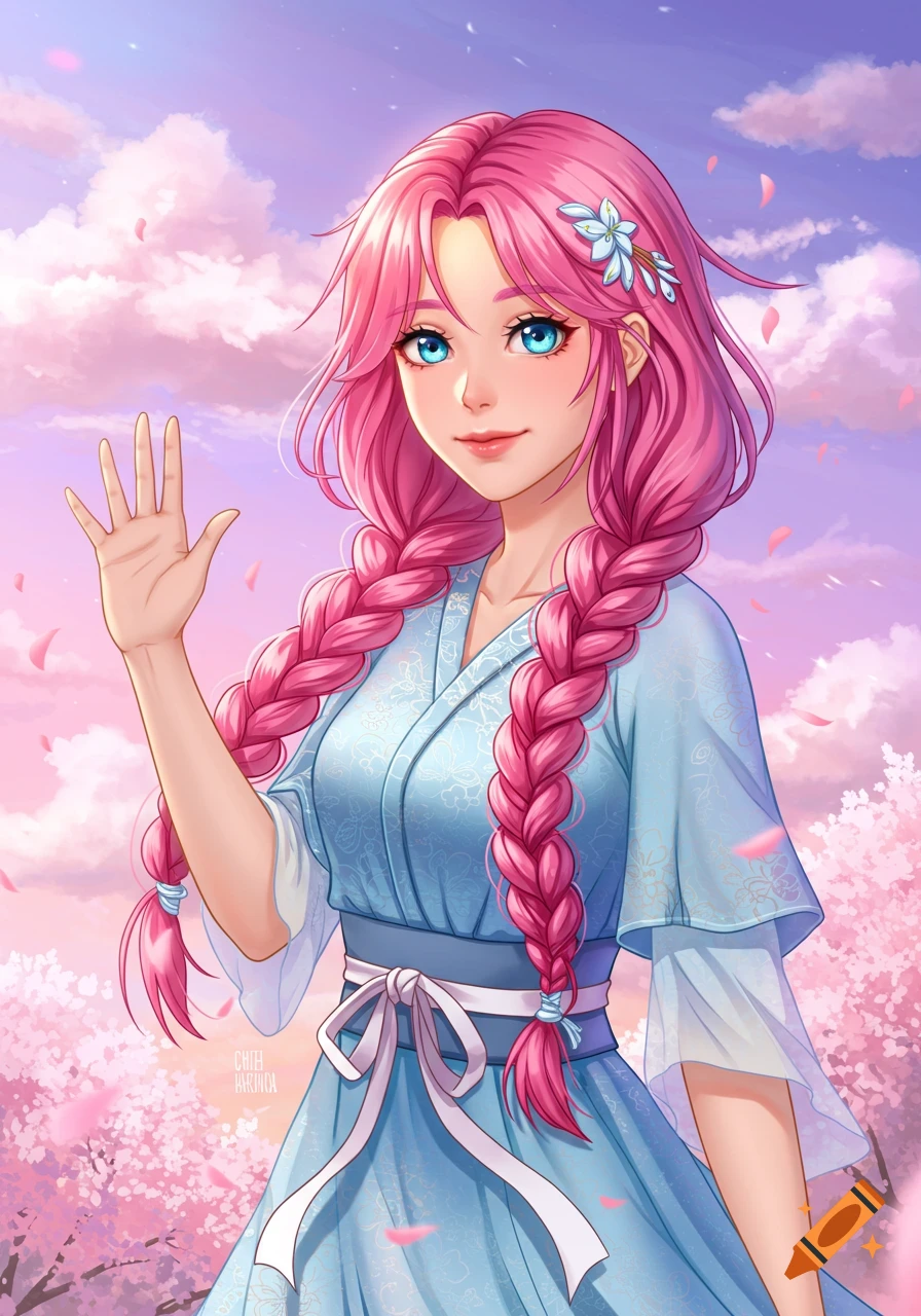 Anime girl with pink braided hair in a blue kimono waves in a cherry blossom garden.