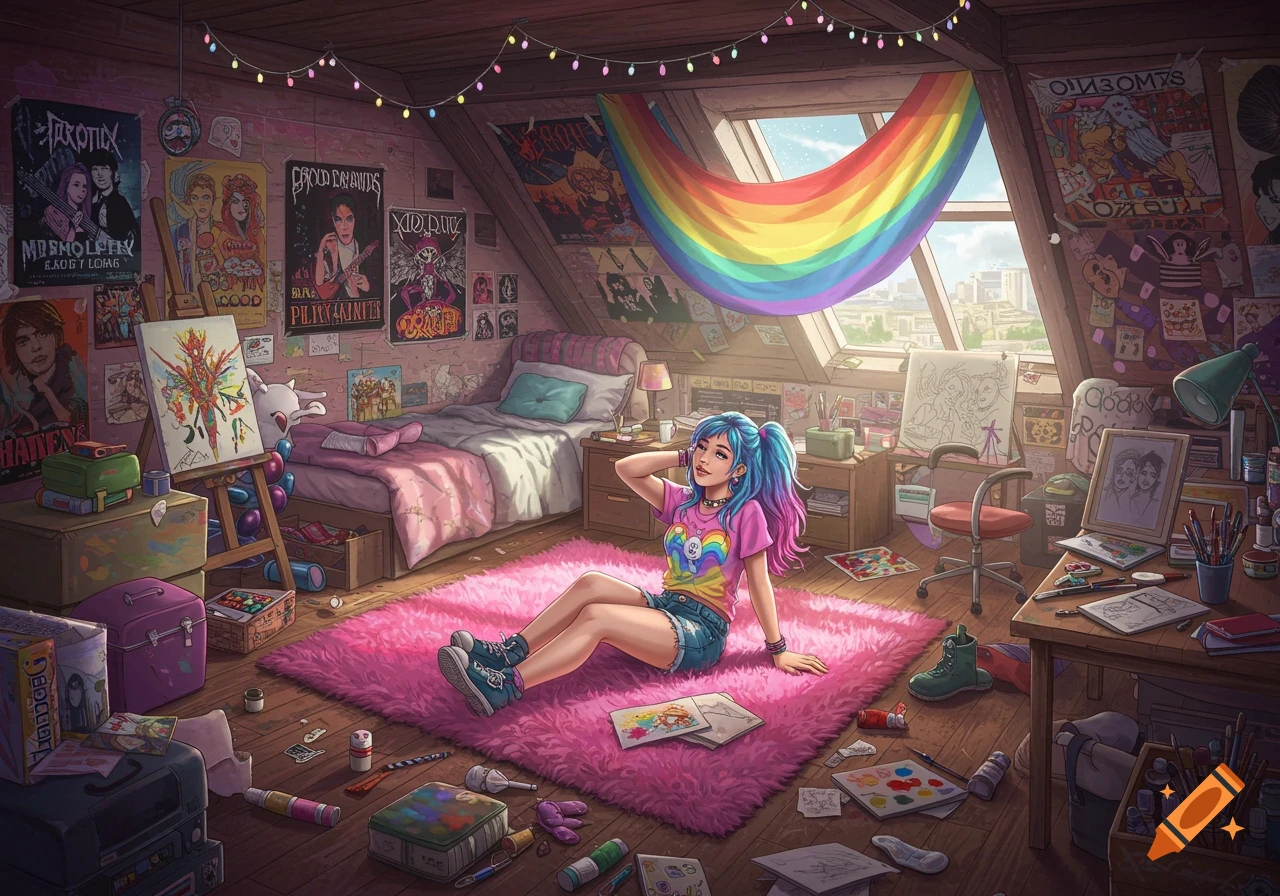 Teenage girl sits on a pink rug in a cluttered, colorful loft bedroom filled with art supplies and posters.