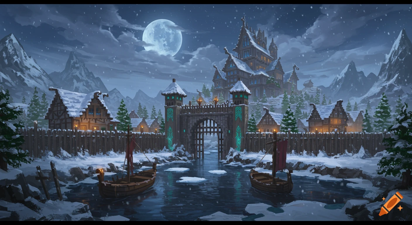 A fantasy winter village scene with snow-covered buildings, a large gate on a river with boats, and a grand building on a hill.