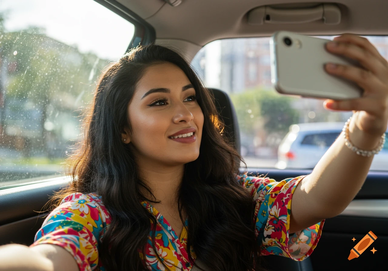 A woman takes a selfie while sitting in a car.
